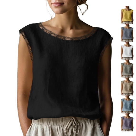 TGSLY Women's Boat Neck Lace Trim Tops Loose Relaxed Fit Dressy Casual Cap Sleeve Shirts Lightweight Soft Linen Solid Color Blouses L