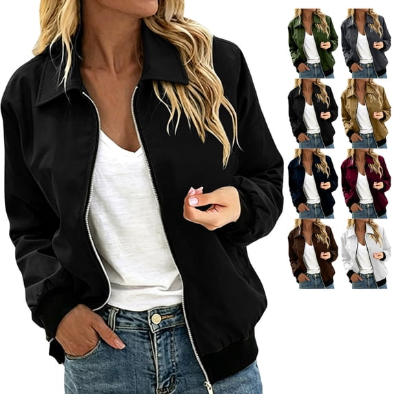 TGSLY Women's Bomber Jacket Lightweight Collared Zip Up Long Sleeve Cardigan Coat Relaxed Casual Solid Color Fall Outerwear with Pockets S