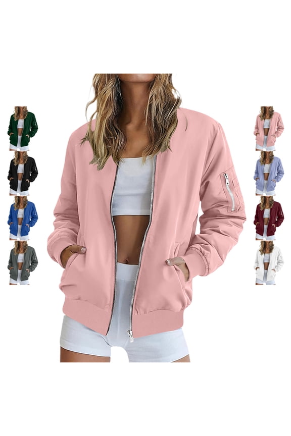 Women's Bomber Jacket Lightweight Ribbed Collar Zip Up Long Sleeve Coat Relaxed Dressy Casual Solid Color Ribbed Hem Jacket with Pockets S