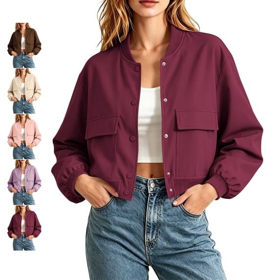 TGSLY Women's Bomber Jacket Lightweight Snap Button Down Long Sleeve Coat Oversized Casual Solid Color Cropped Varsity Jacket with Pockets S