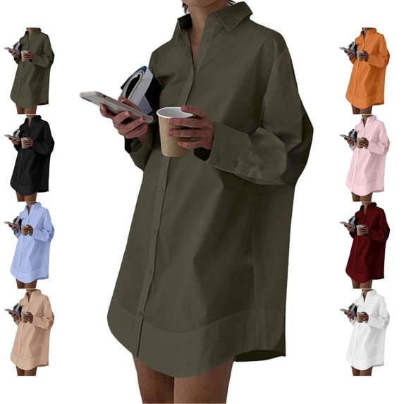 TGSLY Women's Button Down Shirt Dress Lightweight Thin Collared Long Sleeve Business Tops Loose Fit Dressy Casual Solid Color Tunic Blouses L