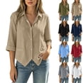 thumbnail image 1 of TGSLY Women's Button Down Shirts Lightweight Soft Collared Solid Color Blouses Loose Dressy Casual Cuffed 3/4 Sleeve Cotton Tops M, 1 of 10