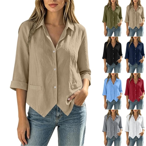 TGSLY Women's Button Down Shirts Lightweight Soft Collared Solid Color Blouses Loose Dressy Casual Cuffed 3/4 Sleeve Cotton Tops M