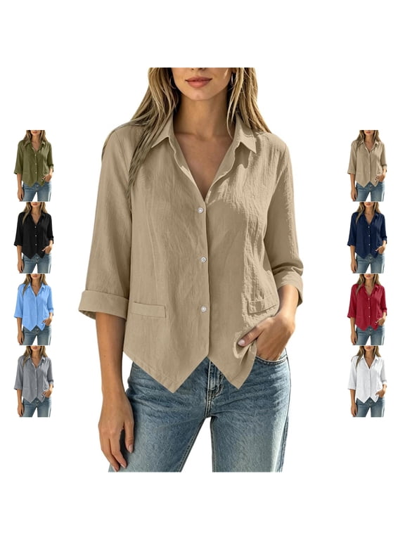 Women's Button Down Shirts Lightweight Soft Collared Solid Color Blouses Loose Dressy Casual Cuffed 3/4 Sleeve Cotton Tops M