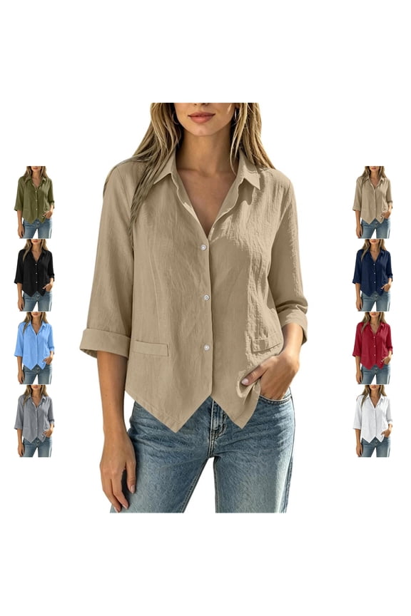 Women's Button Down Shirts Lightweight Soft Collared Solid Color Blouses Loose Dressy Casual Cuffed 3/4 Sleeve Cotton Tops M