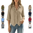 thumbnail image 1 of TGSLY Women's Button Down Shirts Lightweight Soft Collared Solid Color Blouses Loose Dressy Casual Cuffed 3/4 Sleeve Cotton Tops XL, 1 of 10