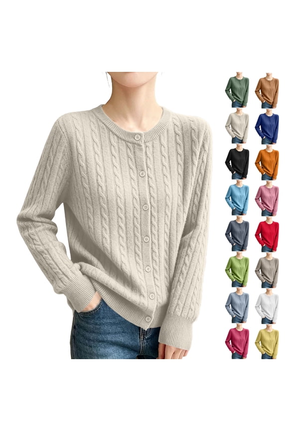 Women's Button Down Sweaters Casual Soft Crew Neck Long Sleeve Cable Knit Cardigan Loose Dressy Solid Color Business Sweaters M