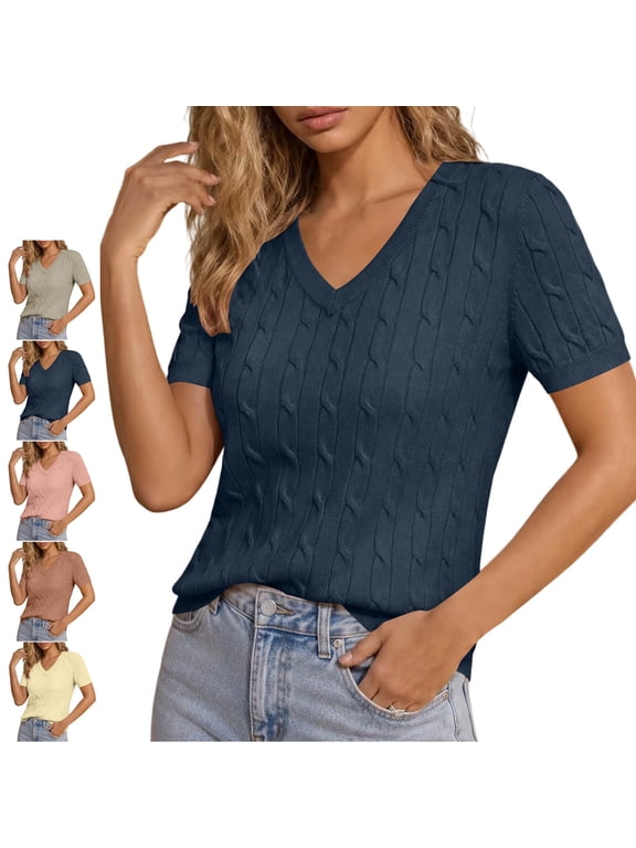 Women's Cable Knit Tops Lightweight Soft V Neck Short Sleeve Pullovers Dressy Casual Solid Color Commute Business Blouses XXL