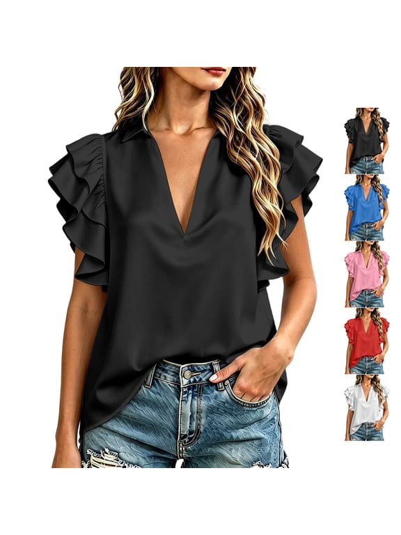 Women's Cap Ruffle Flutter Sleeve Tops Lightweight Soft Deep V Neck Blouses Relaxed Fit Dressy Solid Color Business Shirts XXL
