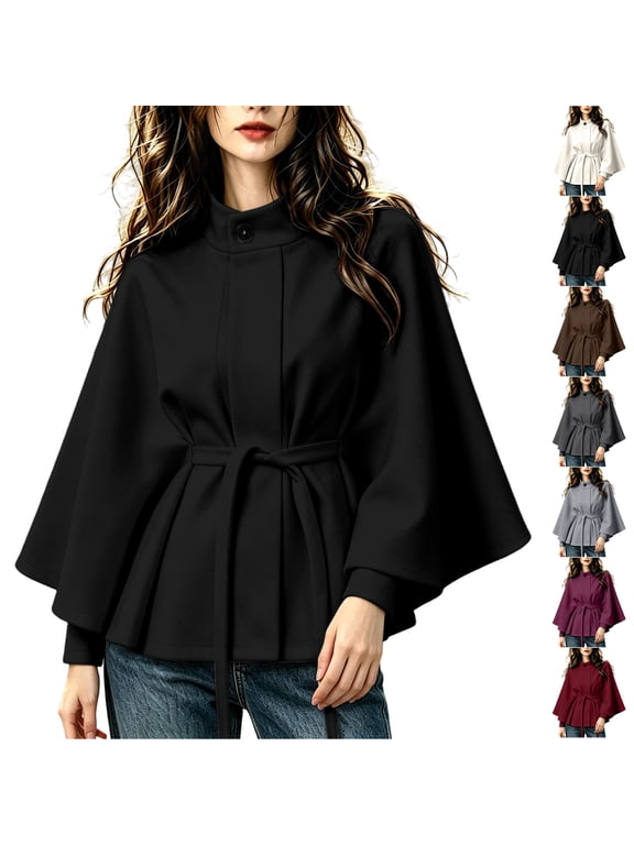 Women's Cape Wool Blend Coat Lightweight Stand Collar Dolman Long Sleeve Belted Cloak Jacket Relaxed Dressy Solid Color Fall Winter Outerwear L