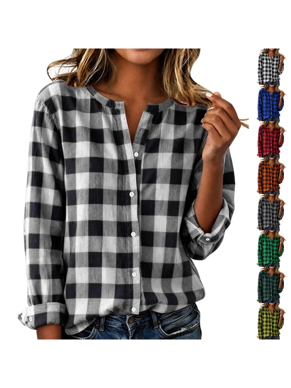 Women's Checkered Button Down Shirts Lightweight Soft Henley Roll Up Long Sleeve Tops Relaxed Casual Fall Layering Blouses S