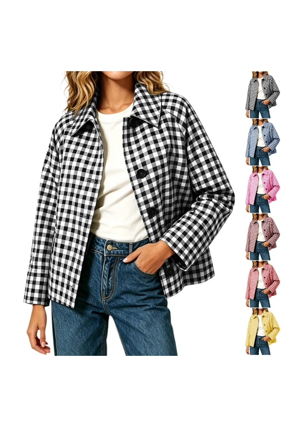 Women's Checkered Cropped Jacket Causal Collared Button Down Gingham Coat Loose Fit Long Sleeve Trendy Street Fall Winter Outerwear with Pockets S