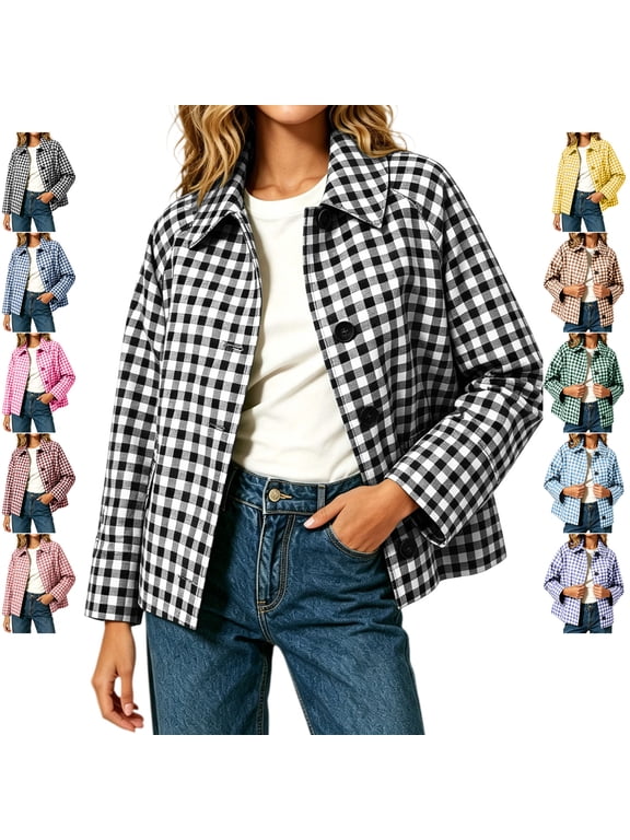Women's Checkered Cropped Jacket Causal Collared Button Down Gingham Coat Loose Fit Long Sleeve Trendy Street Fall Winter Outerwear with Pockets XXL