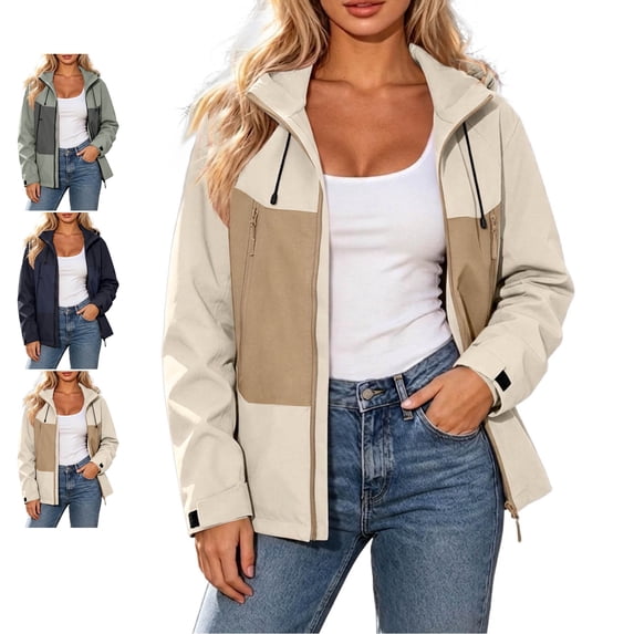 TGSLY Women's Color Block Rain Jacket Lightweight Zip Up Long Sleeve Drawstring Hooded Raincoat Casual Windproof Layering Outerwear with Pockets XXXL