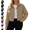 thumbnail image 1 of TGSLY Women's Corduroy Cropped Jacket Collared Button-Down Solid Color Coat Loose Dressy Casual Long Sleeve Crop Jackets Tops XXL, 1 of 10