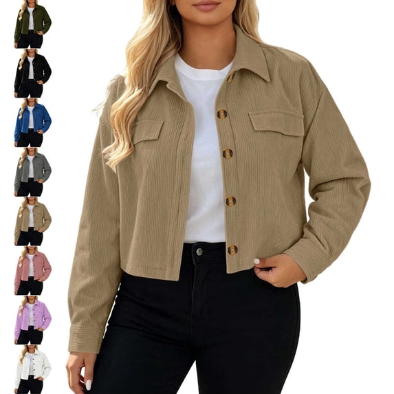 TGSLY Women's Corduroy Cropped Jacket Collared Button-Down Solid Color Coat Loose Dressy Casual Long Sleeve Crop Jackets Tops XXL