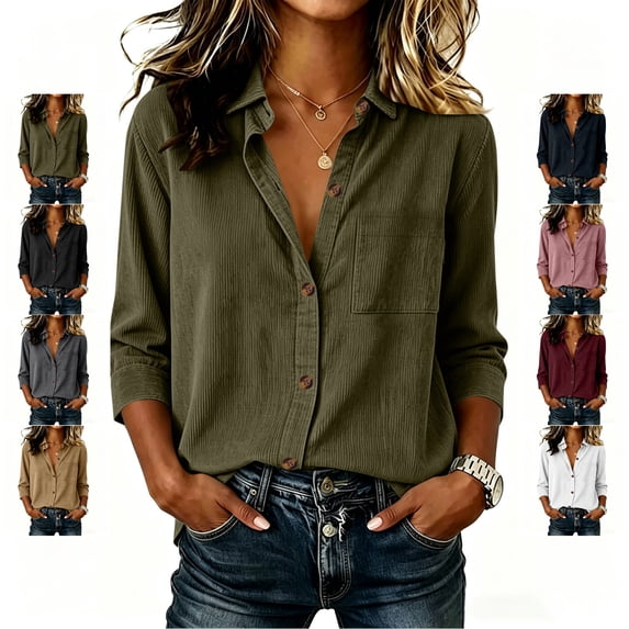 TGSLY Women's Corduroy Shirts Lightweight Soft Collared Button Down Blouses Relaxed Dressy Casual Long Sleeve Solid Color Tops with Pocket S