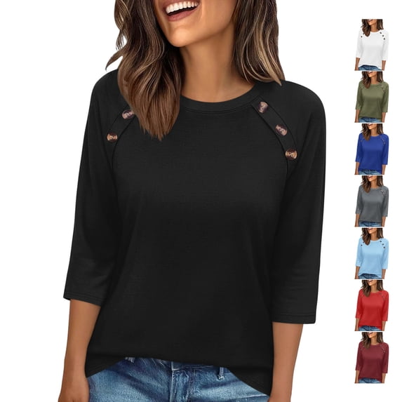 TGSLY Women's Crew Neck 3/4 Sleeve Tops Dressy Casual Buttons on Raglan Seams Solid Color Tunic Blouses Loose Fit Curved Hem T-Shirts XL