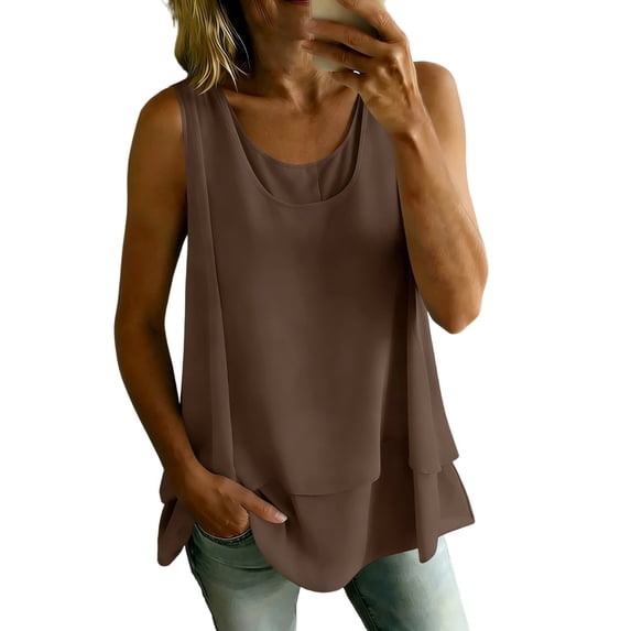 TGSLY Women's Crew Neck Double Layer Chiffon Tank Tops Flare Hem Swing Sleeveless Tunic Shirt Loose Flowy A-Line Fit Solid Color Blouse L