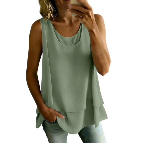 TGSLY Women's Crew Neck Double Layer Chiffon Tank Tops Flare Hem Swing Sleeveless Tunic Shirt Loose Flowy A-Line Fit Solid Color Blouse L