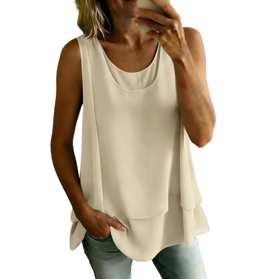 TGSLY Women's Crew Neck Double Layer Chiffon Tank Tops Flare Hem Swing Sleeveless Tunic Shirt Loose Flowy A-Line Fit Solid Color Blouse XXL