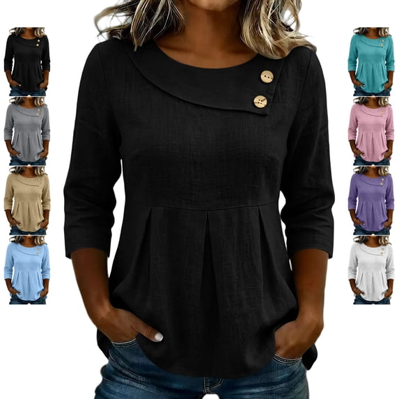 TGSLY Women's Crew Neck Linen Tops Dressy Decorative Buttons 3/4 Sleeve Shirts Casual Pleated Waist Peplum Hem Solid Color Blouses L