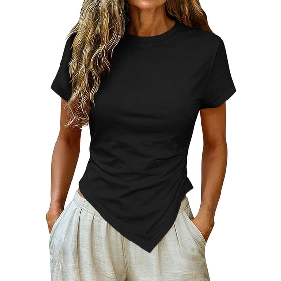 TGSLY Women's Crew Neck Short Sleeve Tops Slim Fit Side Ruched Twist Solid Color Tshirts Waist Asymmetrical Hanky Hem Blouses L