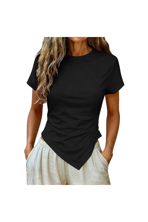 Women's Crew Neck Short Sleeve Tops Slim Fit Side Ruched Twist Solid Color Tshirts Waist Asymmetrical Hanky Hem Blouses L