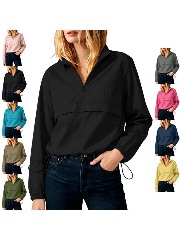 Women's Cropped Anorak Jacket Lightweight Half Zip Long Sleeve Windbreaker Tops Relaxed Casual Drawstring Hem Solid Color Fall Pullovers S