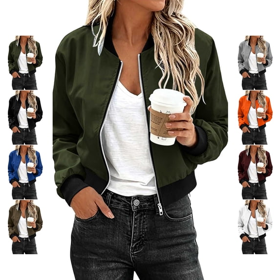 TGSLY Women's Cropped Bomber Jacket Lightweight Zip Up Long Sleeve Work Coat Oversized Casual Solid Color Windproof Outerwear with Pockets XL