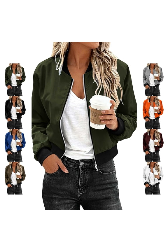 Women's Cropped Bomber Jacket Lightweight Zip Up Long Sleeve Work Coat Oversized Casual Solid Color Windproof Outerwear with Pockets XXL