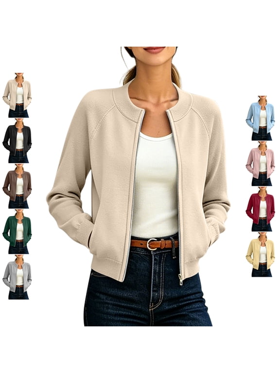 Women's Cropped Cardigan Coat Casual Zip Up Solid Color Bomber Jacket Loose Ribbed Crew Neck Raglan Long Sleeve Everyday Outerwear with Pockets S
