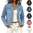 thumbnail image 1 of TGSLY Women's Cropped Denim Jacket Lightweight Collared Button Front Jean Trucker Coat Relaxed Casual Solid Color Long Sleeve Outerwear with Pockets M, 1 of 9