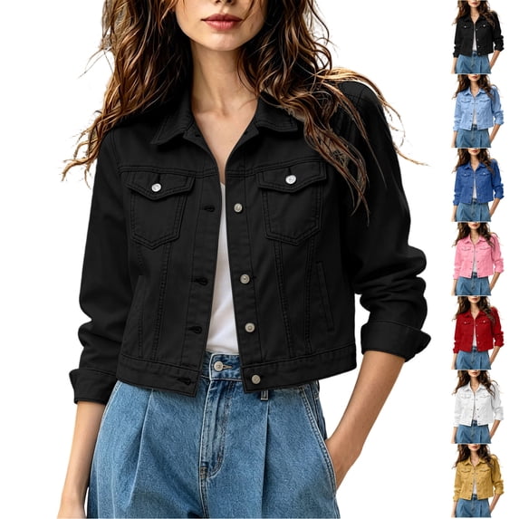 TGSLY Women's Cropped Jean Jacket Lightweight Soft Collared Button Down Cotton Denim Coat Casual Rolled Long Sleeve Solid Color Layering Outerwear with Pocket M