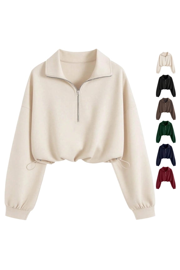Women's Cropped Sweatshirts Casual Collared Half Zip Long Sleeve Pullover Tops Oversized Adjustable Drawstring Hem Solid Color Sweatshirts S