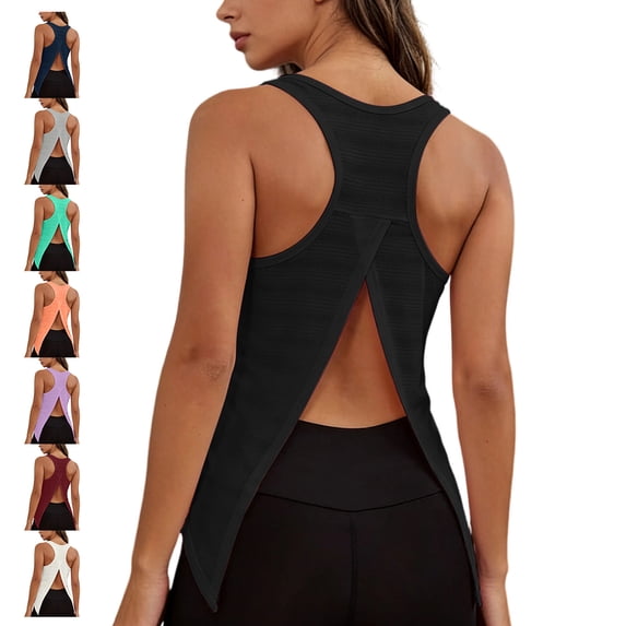 TGSLY Women's Cross Split Open Back Tank Tops Breathable V Neck Solid Color Sleeveless Racerback Athletic Vest Loose Fit Lightweight Side Slit Running Gym Shirts M
