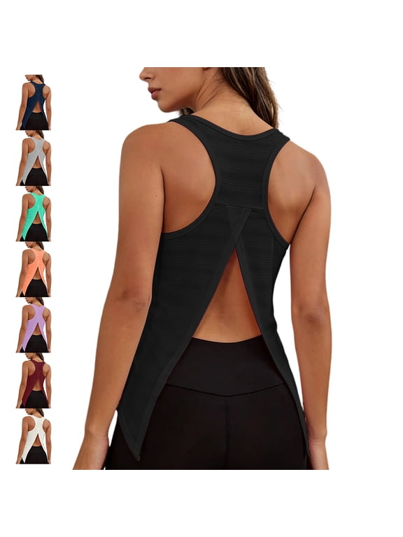 Women's Cross Split Open Back Tank Tops Breathable V Neck Solid Color Sleeveless Racerback Athletic Vest Loose Fit Lightweight Side Slit Running Gym Shirts S