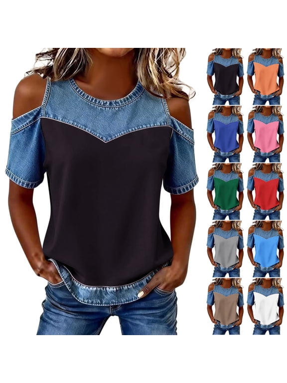 Women's Cut Out Cold Shoulder Color Block Tops Denim Patchwork Crew Neck Short Sleeve Tunic Blouses Loose Fit Dressy Casual Tshirts M