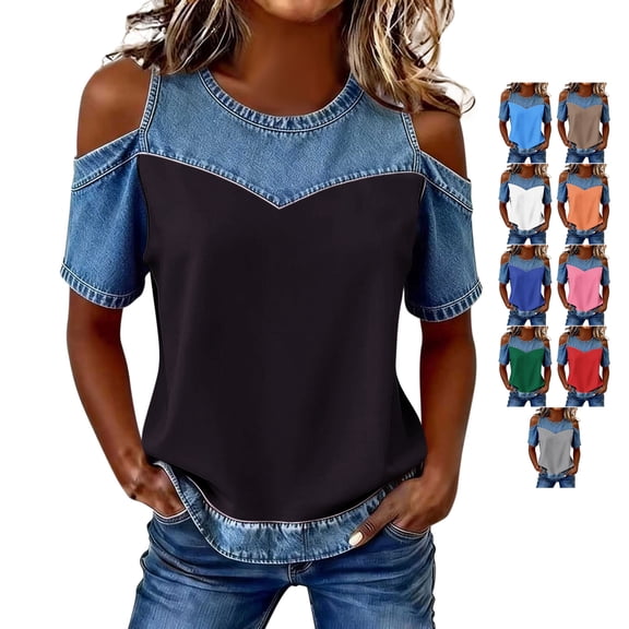 TGSLY Women's Cut Out Cold Shoulder Color Block Tops Denim Patchwork Crew Neck Short Sleeve Tunic Blouses Loose Fit Dressy Casual Tshirts XXL