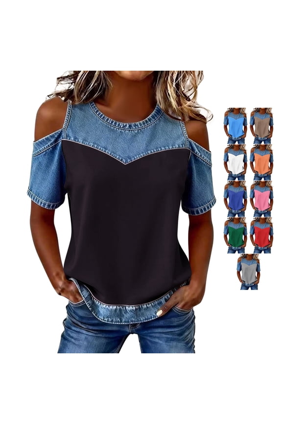 Women's Cut Out Cold Shoulder Color Block Tops Denim Patchwork Crew Neck Short Sleeve Tunic Blouses Loose Fit Dressy Casual Tshirts XXL