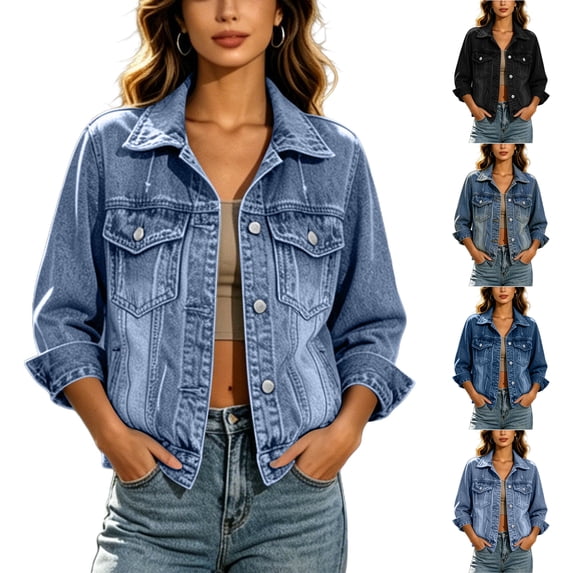 TGSLY Women's Denim Jacket Lightweight Collared Button Down Trucker Coat Relaxed Casual Solid Color Fall Jean Outerwear with Chest Pockets S