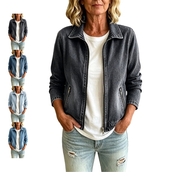 TGSLY Women's Denim Jacket Lightweight Collared Zip Up Long Sleeve Jean Jacket Relaxed Dressy Solid Color Classic Denim Coat with Pockets XL