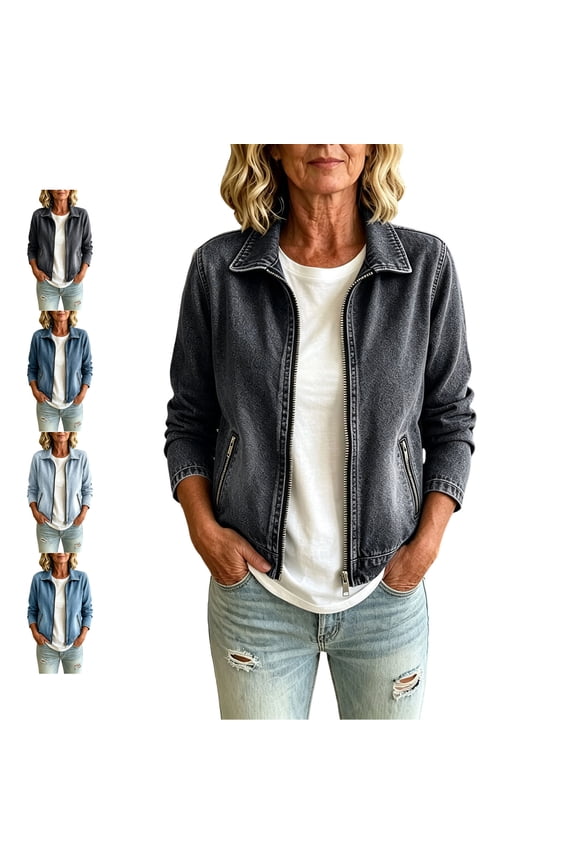 Women's Denim Jacket Lightweight Collared Zip Up Long Sleeve Jean Jacket Relaxed Dressy Solid Color Classic Denim Coat with Pockets XXL