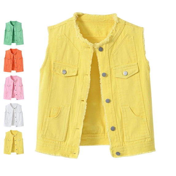 TGSLY Women's Denim Vest Lightweight Soft Frayed Collar Button Down Sleeveless Jeans Jacket Dressy Casual Solid Color Vest Tops with Pockets XXL