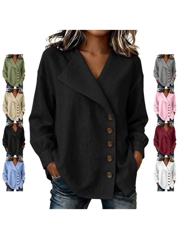 Women's Diagonal Button Down Linen Tops Lightweight Thin Asymmetrical Lapel V Neck Solid Color Fall Shirts Relaxed Casual Long Sleeve Blouses XXL