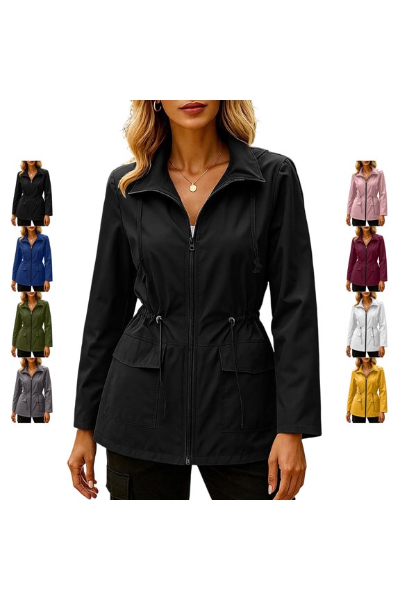 Women's Drawstring Hooded Rain Jacket Lightweight Zip Up Adjustable Drawstring Waist Waterproof Coat Dressy Casual Long Sleeve Solid Color Raincoat S