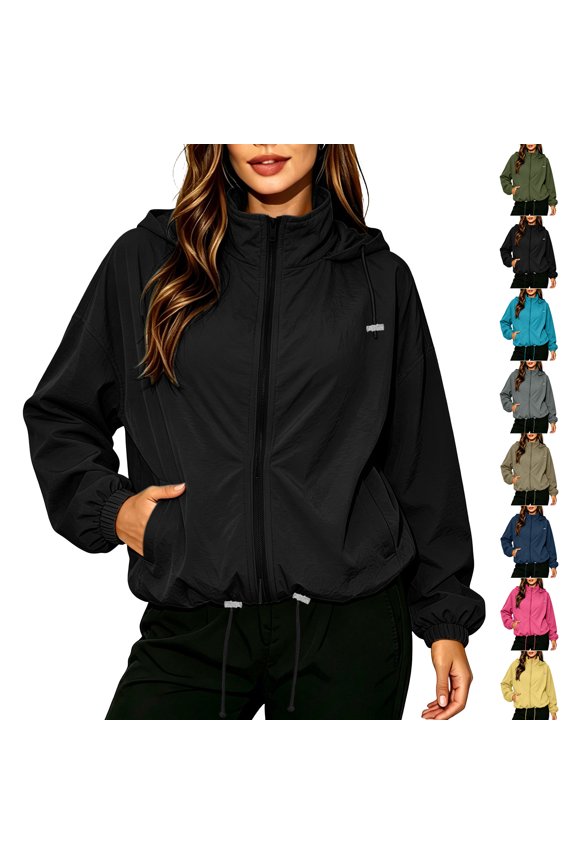 Women's Drawstring Hooded Rain Jackets Lightweight Zip Up Long Sleeve Outdoor Hiking Windbreaker Coat Casual Solid Color Drawstring Hem Raincoat with Pockets M
