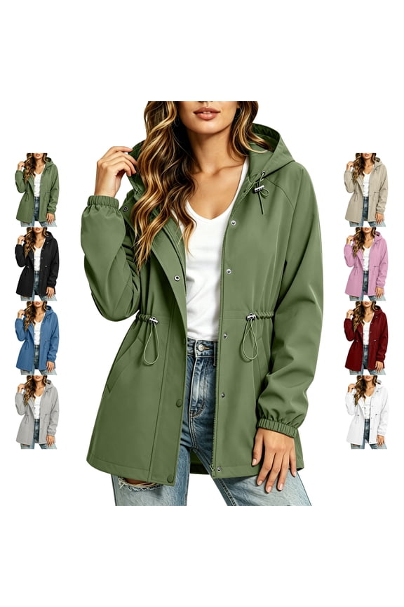 Women's Drawstring Hooded Raincoat Zip Up Snap Button Down Long Sleeve Coat Waist Cinch Drawstring Solid Color Windbreaker Waterproof Jacket with Pockets S