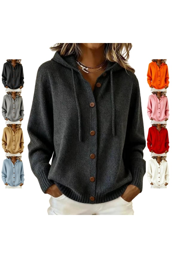 Women's Drawstring Hooded Sweater Coat Comfy Soft Button Down Long Sleeve Knit Cardigan Relaxed Casual Solid Color Fall Winter Jackets XXL