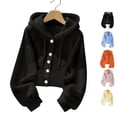 thumbnail image 1 of TGSLY Women's Drawstring Hooded Sweater Soft Button Down Puff Long Sleeve Cardigan Loose Dressy Casual Solid Color Fall Cropped Coat M, 1 of 6